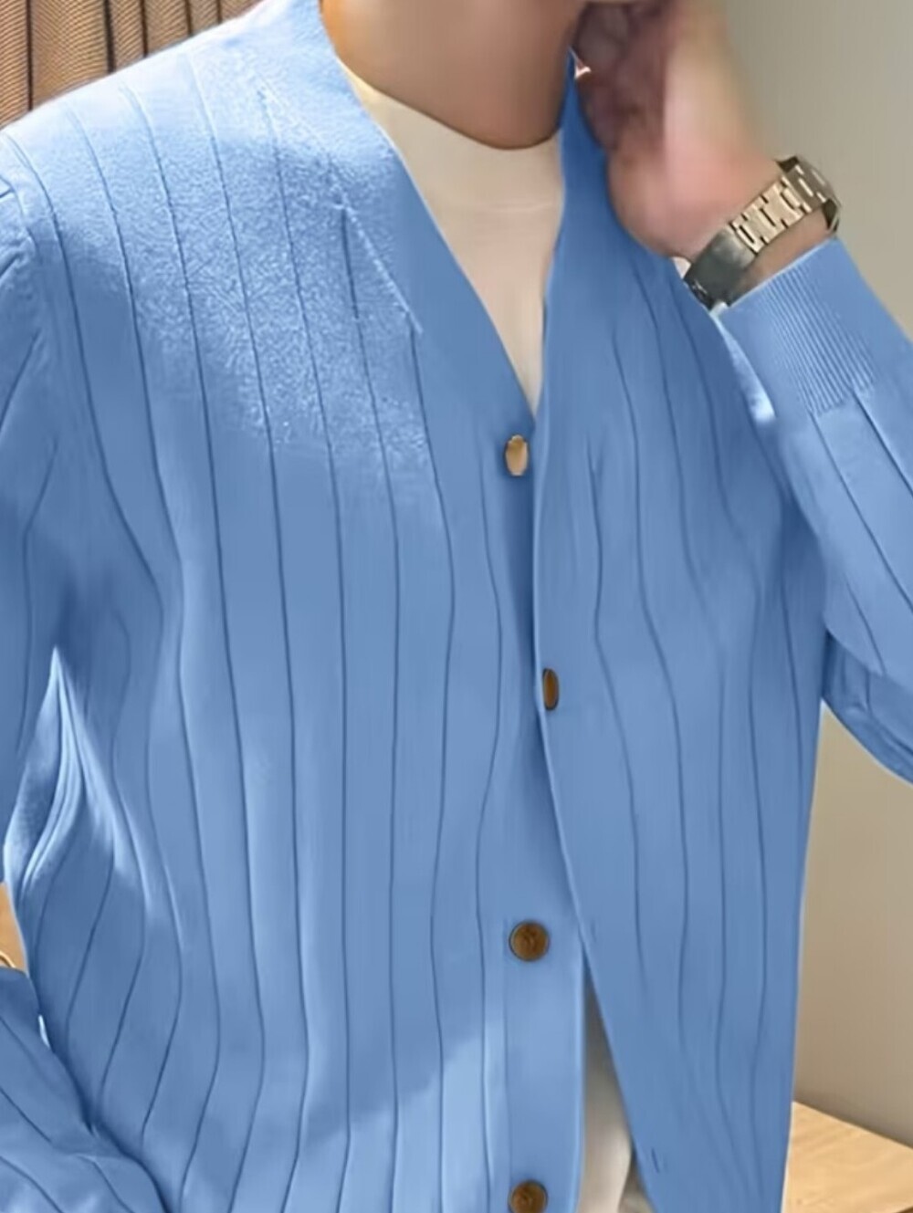 Men's Light Blue Ribbed Button Cardigan Sweater - Picture 4 of 7